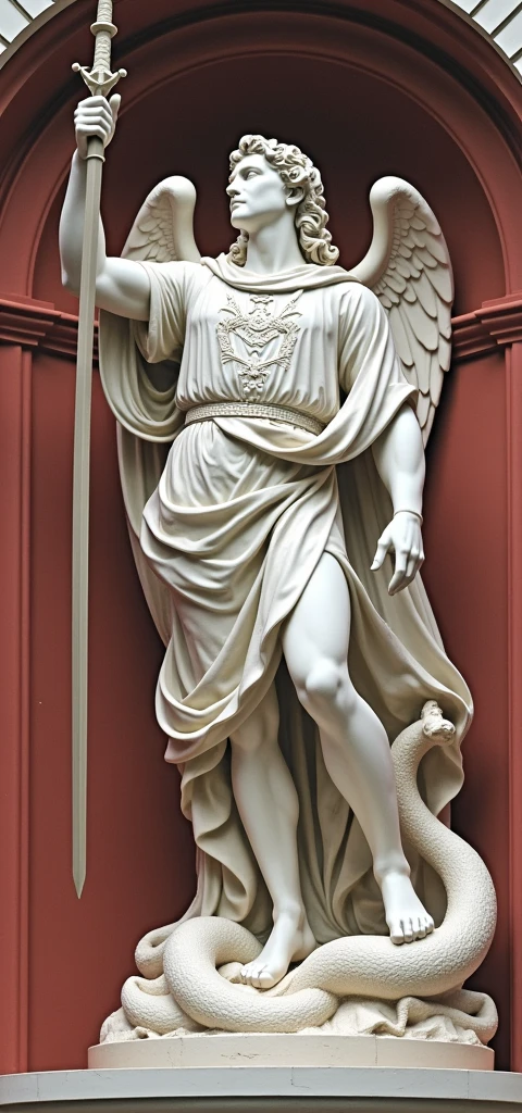 Claro, posso te ajudar com isso. Aqui está uma descrição detalhada da imagem de São Miguel Arcanjo em inglês, com foco em elementos visuais e simbólicos:
**A detailed description of the image in English:**
The image depicts Saint Michael the Archangel, a prominent figure in Christian art. He is portrayed as a warrior angel, standing tall and imposing against a rich red backdrop. The statue is carved from white marble, lending it a sense of purity and strength.
* **Pose and Stance:** Saint Michael stands with his left foot firmly planted on a defeated serpent, symbolizing his triumph over evil. His right leg is slightly bent, and he holds a sword aloft in his right hand. This pose conveys both power and authority.
* **Attire:** The Archangel is dressed in a classic armor, consisting of a breastplate, a short skirt, and greaves. His armor is adorned with intricate details, suggesting his divine status. Over the armor, he wears a flowing cloak, which adds a sense of movement and dynamism to the statue.
* **Facial Features:** Saint Michael's face is serene and determined, reflecting his role as a protector. His eyes are wide open, and his gaze is fixed on the defeated serpent. His hair is long and curly, often a characteristic feature of angelic depictions.
* **Wings:** The angel's wings are large and feathered, extending out from his back. They are often depicted as golden or white, symbolizing purity and divine power. In this particular image, the wings are detailed with intricate patterns, adding to the overall sense of grandeur.
* **Symbolism:** The serpent beneath Saint Michael's feet represents Satan, the embodiment of evil. By trampling on the serpent, the Archangel demonstrates his victory over sin and darkness. The sword he holds is a symbol of divine justice and his role as a warrior for God.
**Overall Impression:**
The statue of Saint Michael the Archangel is a powerful and evocative work of art. The artist has successfully captured the Archangel's streng