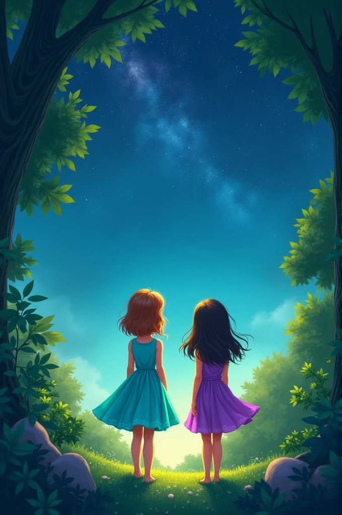 Create an image to share between two cartoon sisters, one wearing a turquoise dress and the other a purple dress, and they are looking at a starry night with their backs turned in a green forest.