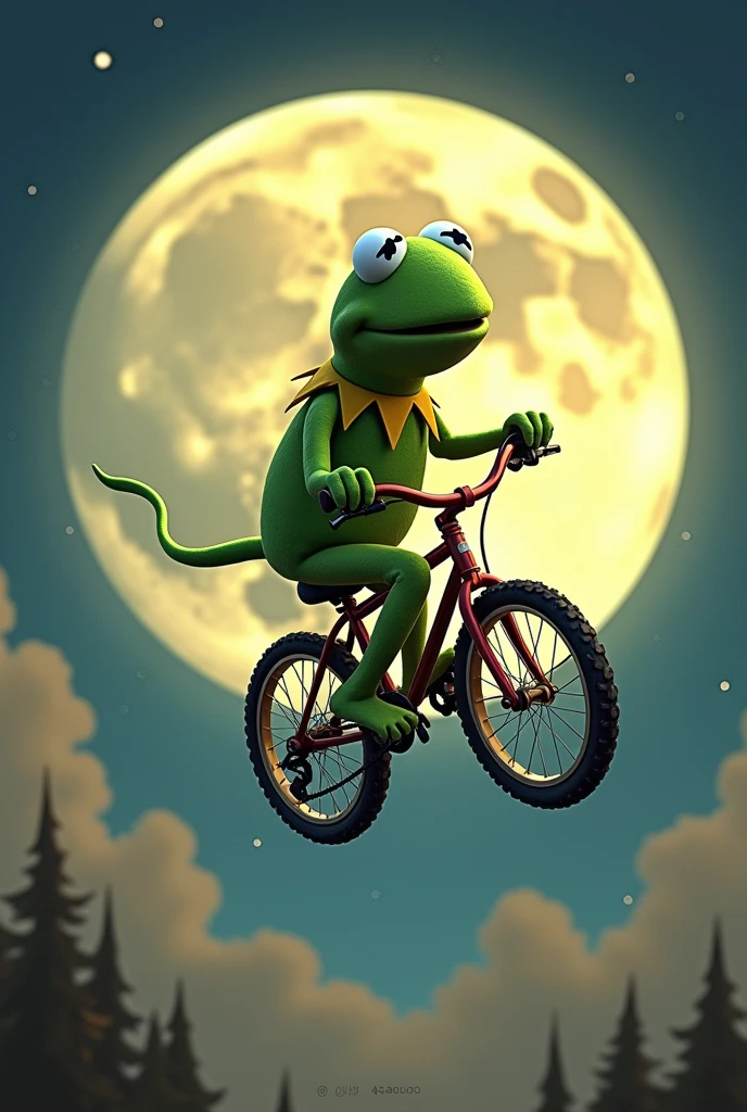 Kermit the Frog riding a bike, and flying in the air, with the full moon in the background, only 2 legs