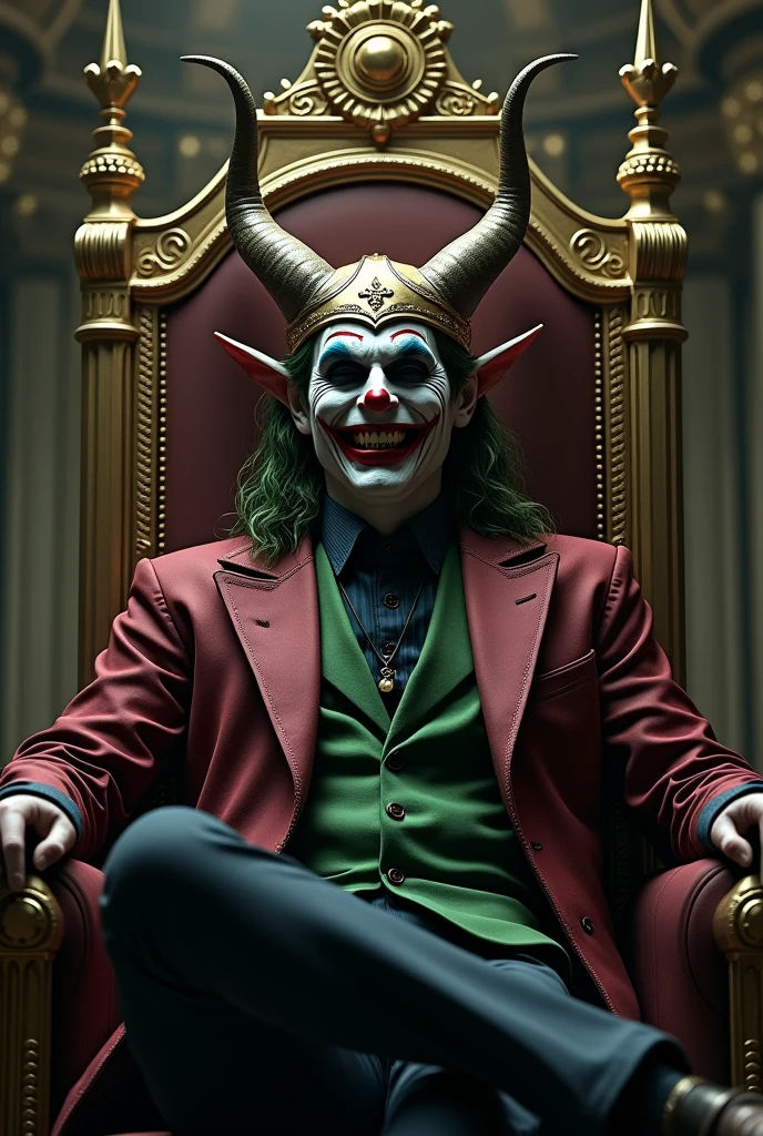 Loki with his helmet and his face painted like the Joker sitting on a throne laughing.