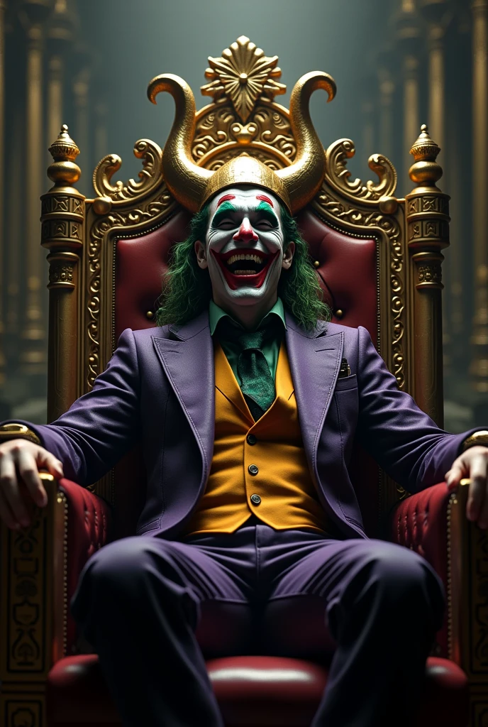 Loki with his helmet and his face painted like the Joker sitting on a throne laughing.