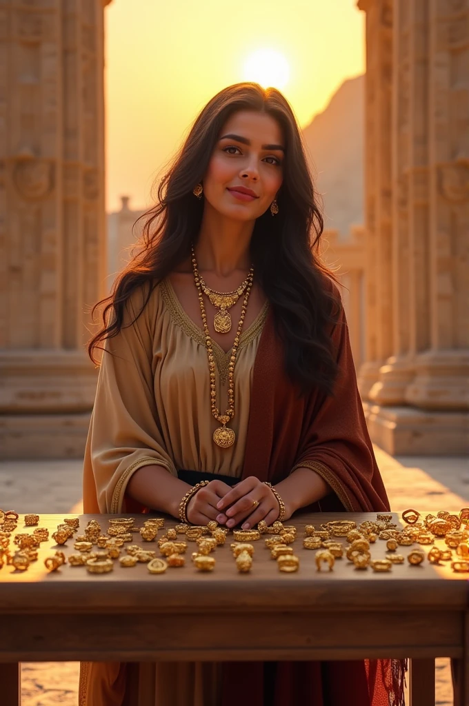 An authentic Iranian woman sells gold rings and necklaces with her jewelry and without a shawl in Persepolis
at sunset