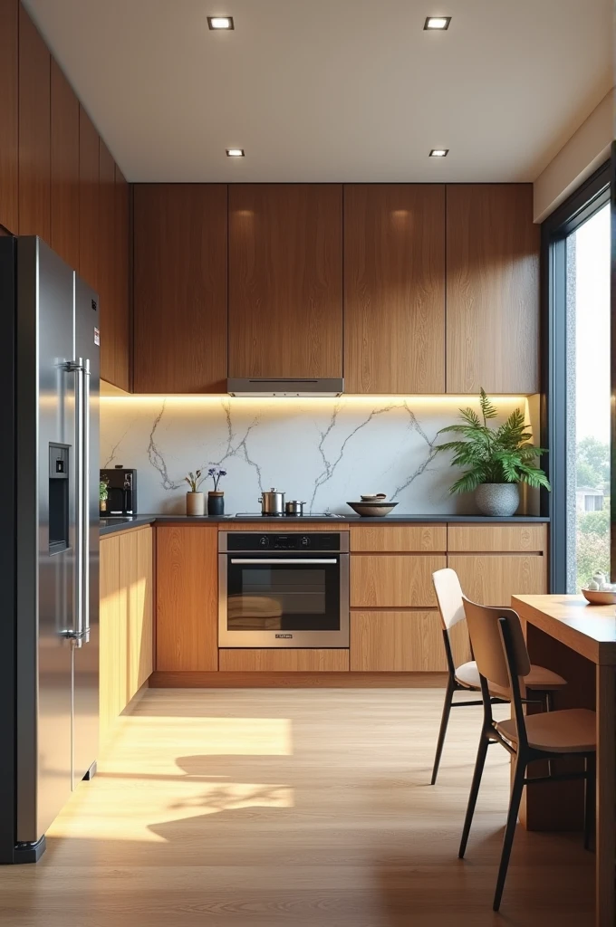 Contemporary fitted kitchen, freijo wood panel , medium window looking out , in the northeast of Brazil , ultra realistic render , 8k , ultra-realistic , photo realist .