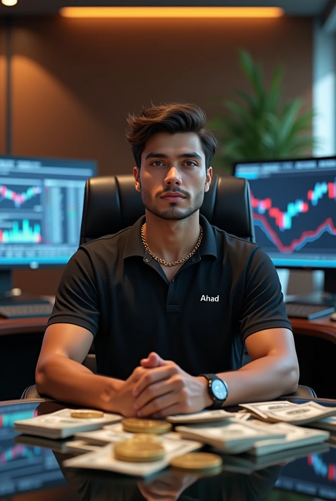 A sleek, well-lit room filled with an ambiance of professional sophistication. The lighting is soft and focused, casting a warm glow across the room.
In the center, a 20-year-old young enemy man with face mask sits comfortably on a high-end chair. He’s dressed in a stylish black polo shirt with the name “AHAD” embroidered on the chest. He exudes confidence and composure.
Behind him, several high-resolution monitors display complex trading charts and graphs, their screens flickering with real-time data.
In front of him, a glass-topped table is cluttered with stacks of dollar bills and shiny gold coins, signifying wealth and success. Around his neck, he wears a distinctive Bitcoin chain, reflecting his involvement in cryptocurrency.
The scene conveys a sense of modern success and expertise, blending luxury with high-tech finance.
Feel free to adjust any details to better fit your vision!