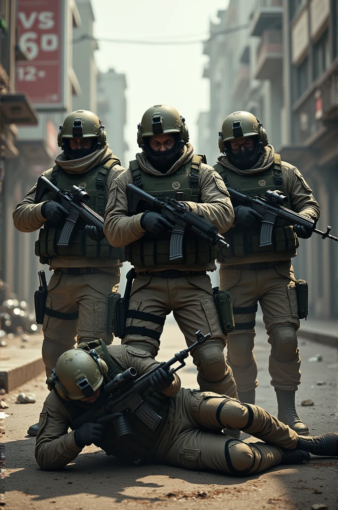 Generate image of a squad, one with a shotgun in his hand, another with a sniper rifle, one fallen and another helping him