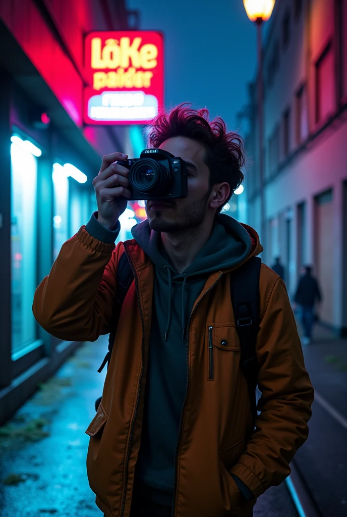 He's a loner, but his camera lens is his window to the world.
**Background:** The city comes alive at night, with neon lights reflecting off the wet pavement and concrete walls. The once-abandoned industrial setting now pulses with energy, as moss-covered ground and rusty metal windows tell the story of a city in constant transformation.
**Supporting characters:** Axel's world is populated by a cast of characters who embody the city's vibrant spirit. There's Luna, a rebellious street artist with a flair for the dramatic; Jax, a charismatic musician who brings the city's underground music scene to life; and Maya, a brilliant hacker who helps Axel uncover the city's hidden secrets.
**Branding type:** The film is presented by "Lumina Pictures," a production company known for its bold, visually stunning films that capture the essence of urban life.
**Tagline:** "In a city that never sleeps, the truth is always in focus."
**Visual style:** The film features a bold, pop-art aesthetic with a color palette that pops against the dark, gritty backdrop of the city. Inspired by the works of Andy Warhol and Roy Lichtenstein, the film's visual style blends high-contrast HDR imagery with iridescent accents and rim lighting. Think "Blade Runner" meets "The Matrix" with a dash of "La La Land"'s vibrant energy. The film's shallow depth of field and close-up shots create an intimate, immersive experience that draws the viewer into Axel's world.