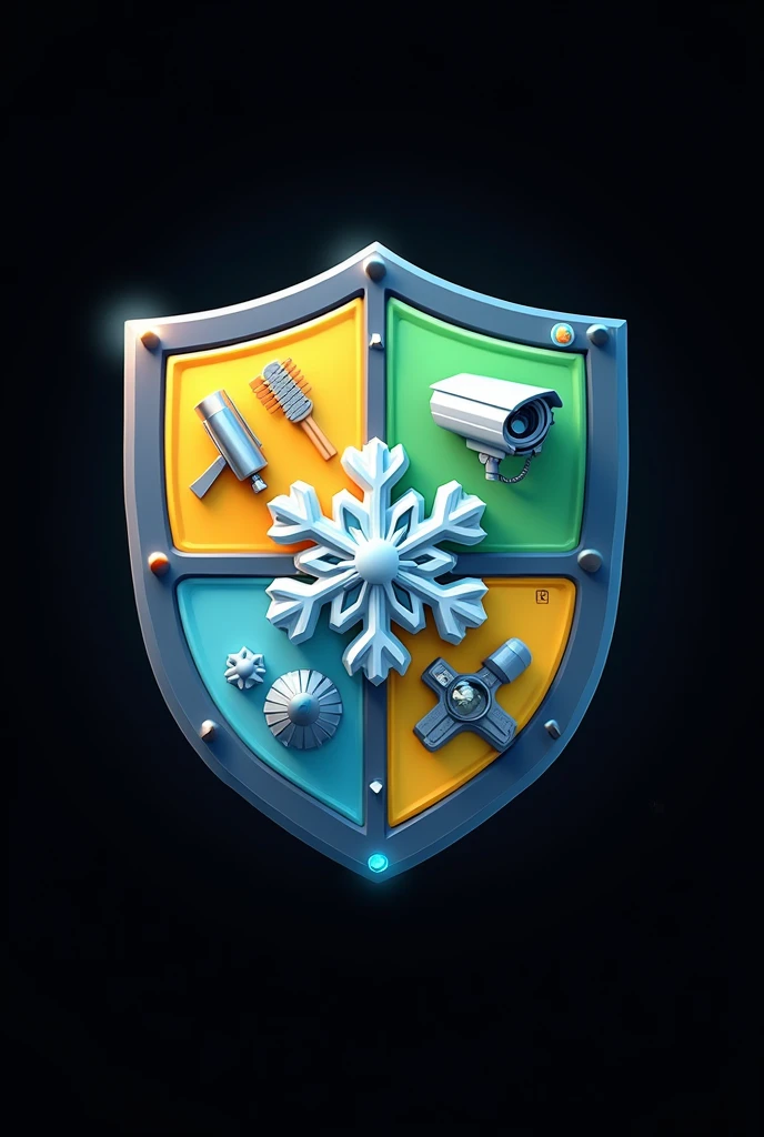 Science Club Logo, shield, with snowflake, Maintenance Tools, Security camera, and a scientific lamp divided into four boxes with yellow and green backgrounds, 3D Logo, black backdrop, Clear and cute logo