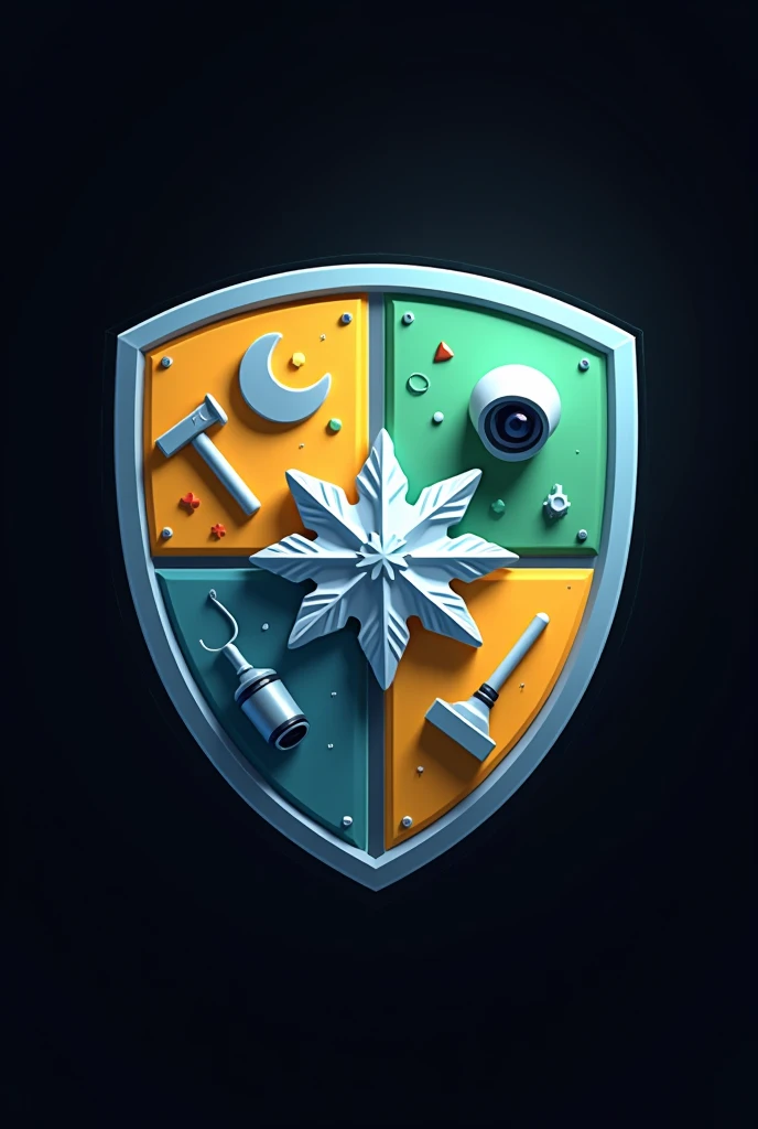Science Club Logo, shield, with snowflake, Maintenance Tools, Security camera, and a scientific lamp divided into four boxes with yellow and green backgrounds, 3D Logo, black backdrop, Clear and cute logo