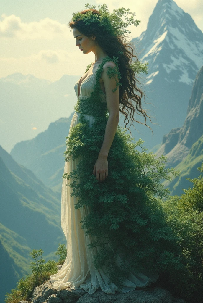 A beautiful lady with a breast of forest and a breast of mountain leonardo da vinci style