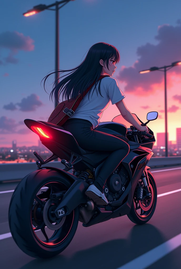 (anime:1.2), beautiful woman, riding a black sport bike, carrying a electric guitar on her back, wearing t-shirt, black pants, long straight black hair, high way, city lights background, light skin, light brown eyes, pointed nose, side post.