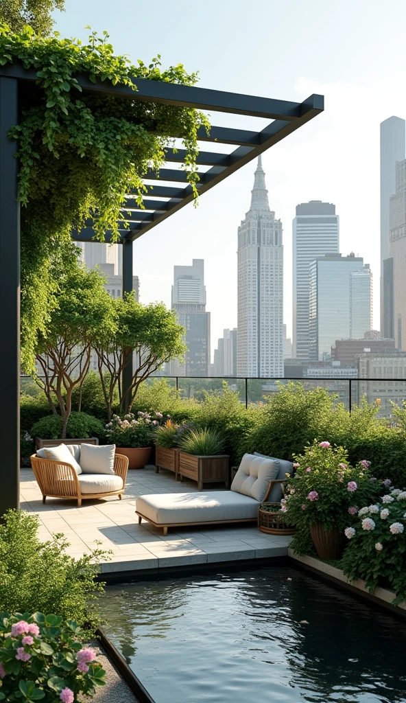 A chic, modern loft with a view of an urban rooftop garden filled with lush greenery, potted plants, and blooming flowers. The cityscape is visible beyond the garden, with towering buildings in the distance. The garden features a small fountain and a cozy seating area with a pergola draped in vines. The room itself has a sleek design with cool, neutral tones, adding to the serene, urban oasis vibe.