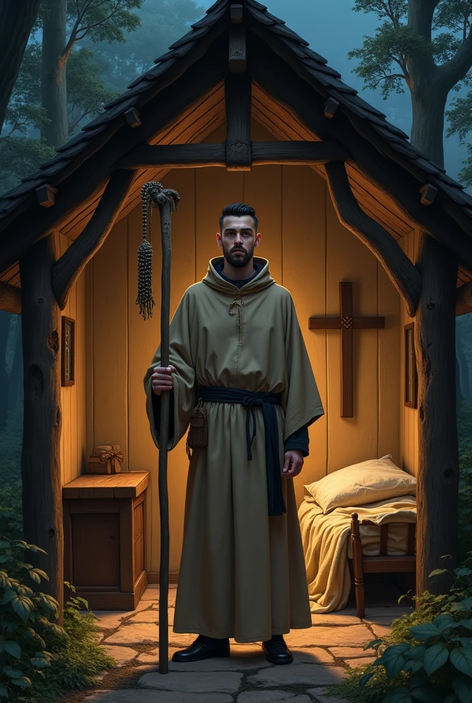 A short white man with short hair, black military style cut and shaved. He is wearing a light brown monastic habit and holding a staff in his hands.. Rustic hermitage in the middle of the woods. He is young and has a goatee. He is inside the hermitage and his bed with a biblical rosary and a cross on the wall. it&#39;s night. Illuminated scene 