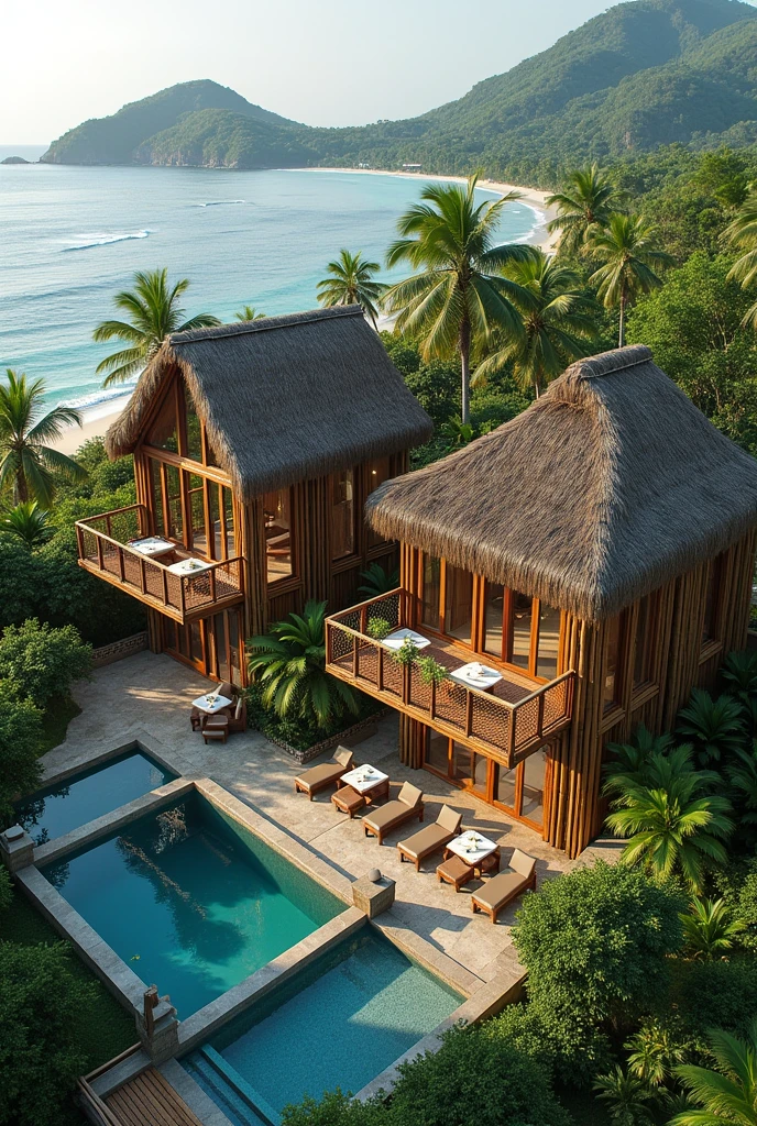 make an big 2-building hotel, environment-friendly with a philippine-native bamboo vibe. one is for standard and have 6 rooms. and the other is for deluxe and have 4 rooms. each rooms in the building consists own separated balcony with a table each intended for in-room dining experience to appreciate the nature around. make it typhoon-proof, the roof is like hut but have a modern aesthetic design. also make a function-hall in the side of the two building, with a small kiosk for a mini bar and handcrafted souvenir. it should be sorrounded by yard and plants, make a pool. it should give justice to our concept semi-eco-friendly hotel.  siargao vibe. 

 take note: 2 buildings only. 

make the photo wide landscape that it can be visualize located in an island. if you know Biri, Northern Samar ot should be located in it. so the buildings should face the beach.