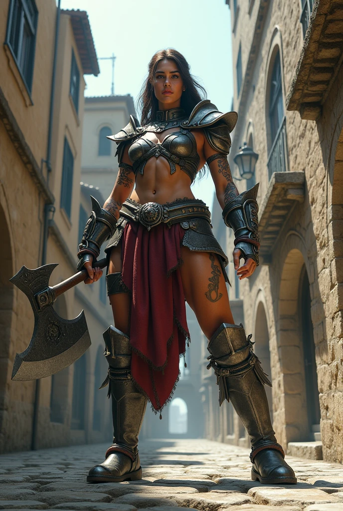 giant woman with battle axe in hand in a ancient street, low angle,Panty shot、Woman warrior、Leg spread