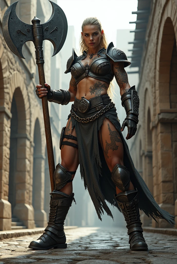 giant woman with battle axe in hand in a ancient street, low angle,Panty shot、Woman warrior、Leg spread