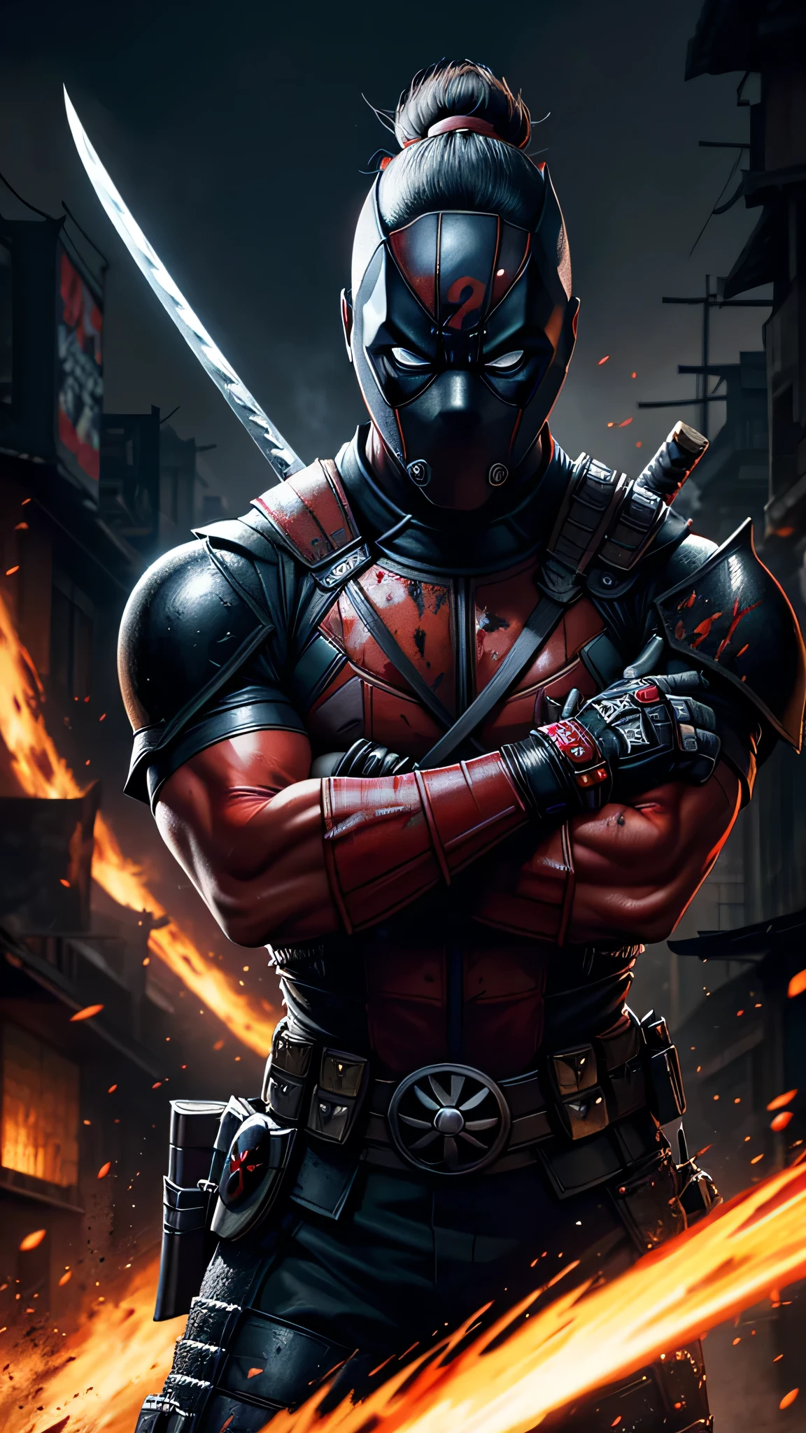 a samurai Deadpool, high quality, 8k, detailed, realistic, photorealistic, ultra-detailed, studio lighting, vibrant colors, dynamic action pose, katana sword, blood splatter, dark atmosphere, cinematic lighting, hyper-detailed facial features, intense expression, muscular body, samurai armor, urban environment, destroyed buildings, dynamic composition