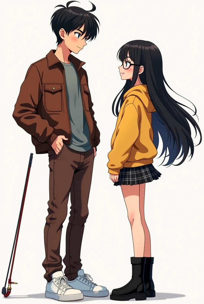 Poster animé : garçon cheveux noir, pantalon chic marron, basket blanc, t-shirt gris, veste en cuir marron/ fille, belle, cheveux noirs atteignant les épaules, mini-jupe noire à carreau, bottes noires, sweat à capuche jaune, lunette à verre gris, violoniste