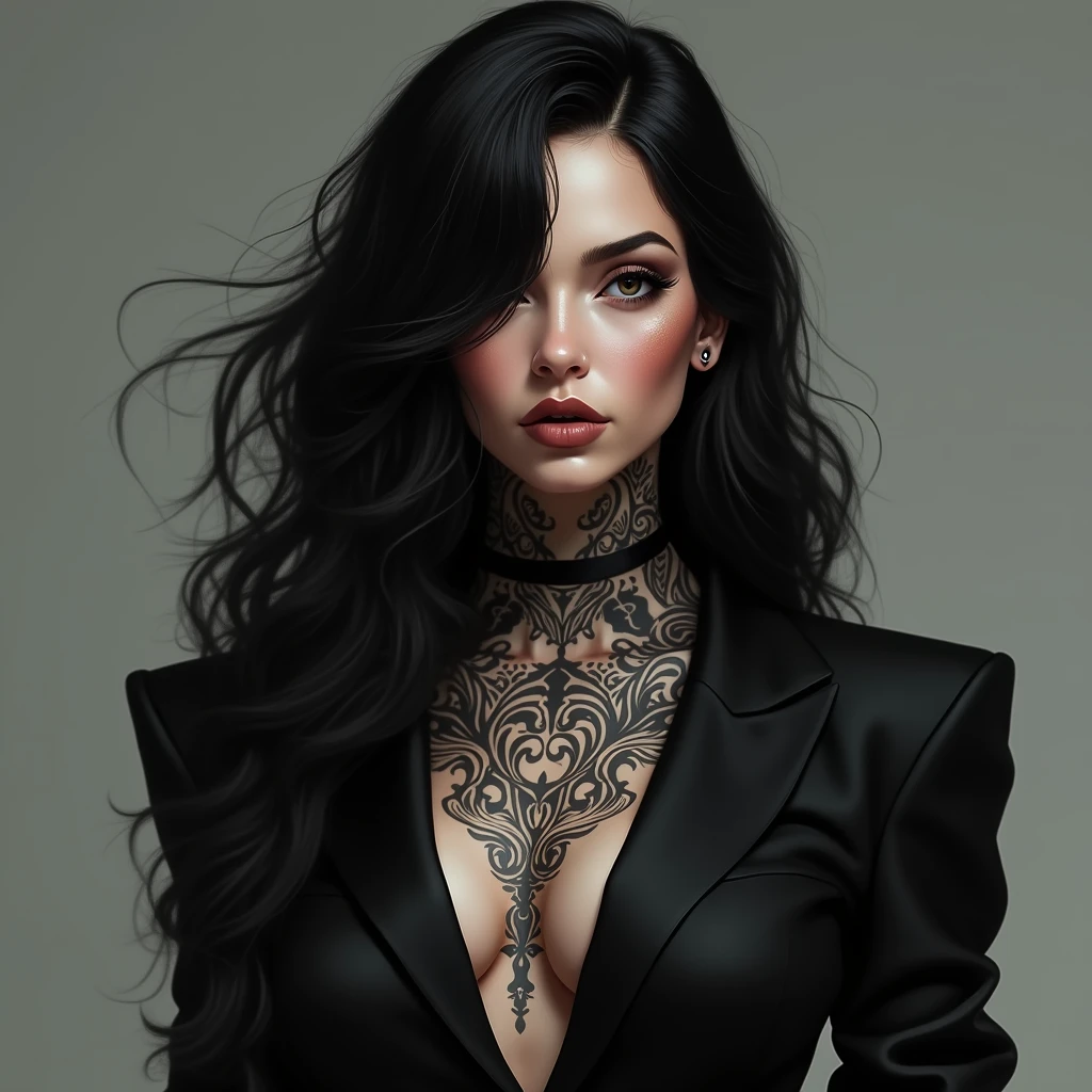 atina woman with black wavy hair, brown eyes, piercing on the lower lip, black tattoos, wearing black clothes