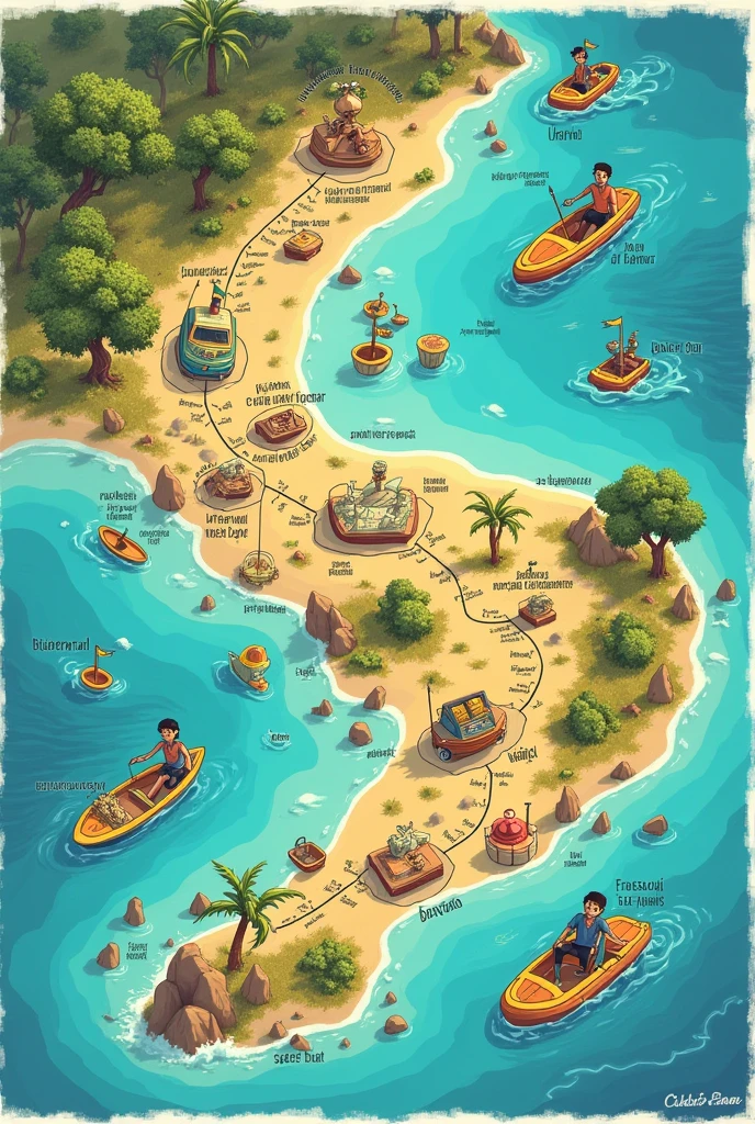 Treasure map type map, playful, specifying each stage of the following route:
Route from Salvador to Boipeba:
-Uber to the Bahia nautical tourist terminal (in front of the model market) - para o ferry boat, the terminal is another: St. Joaquim terminal;
-Boat for big seas (45min) R$10 per person;
-Big sea taxi or ferry boat to the pier to catch a boat to Boipeba (Valença or graceful) (1:30-2h trip) R$300 the car;
-Speedboat to Boipeba (1 hour trip) R$63 per pound