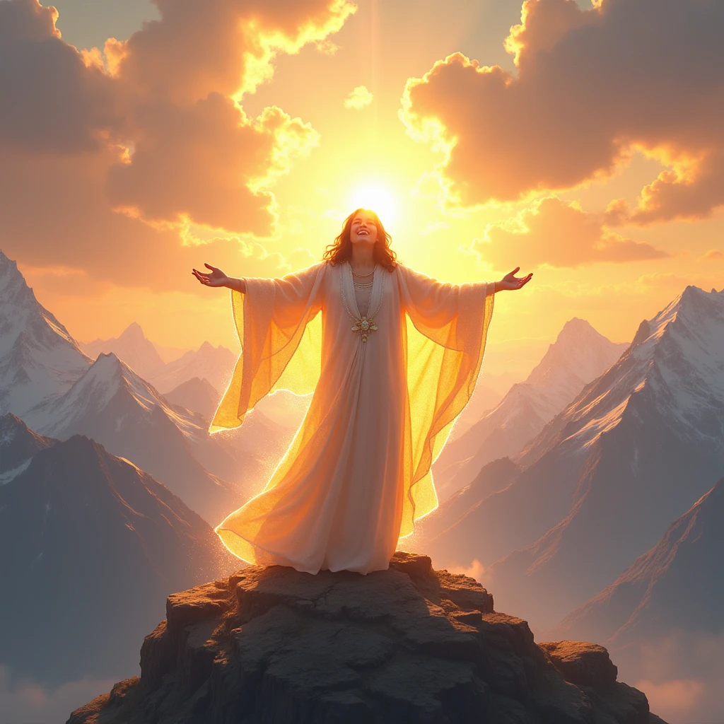 Depict a person standing on a mountaintop at sunrise, dressed in a dazzling robe that shimmers with divine light. They are gazing at the horizon with a joyful expression, their arms outstretched as if embracing the sky. The rising sun casts a warm glow, symbolizing the joy and salvation that fills their soul.