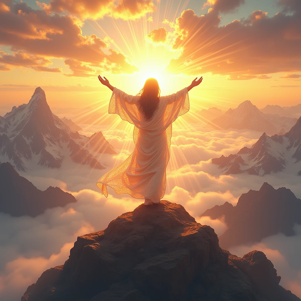 Depict a person standing on a mountaintop at sunrise, dressed in a dazzling robe that shimmers with divine light. They are gazing at the horizon with a joyful expression, their arms outstretched as if embracing the sky. The rising sun casts a warm glow, symbolizing the joy and salvation that fills their soul.