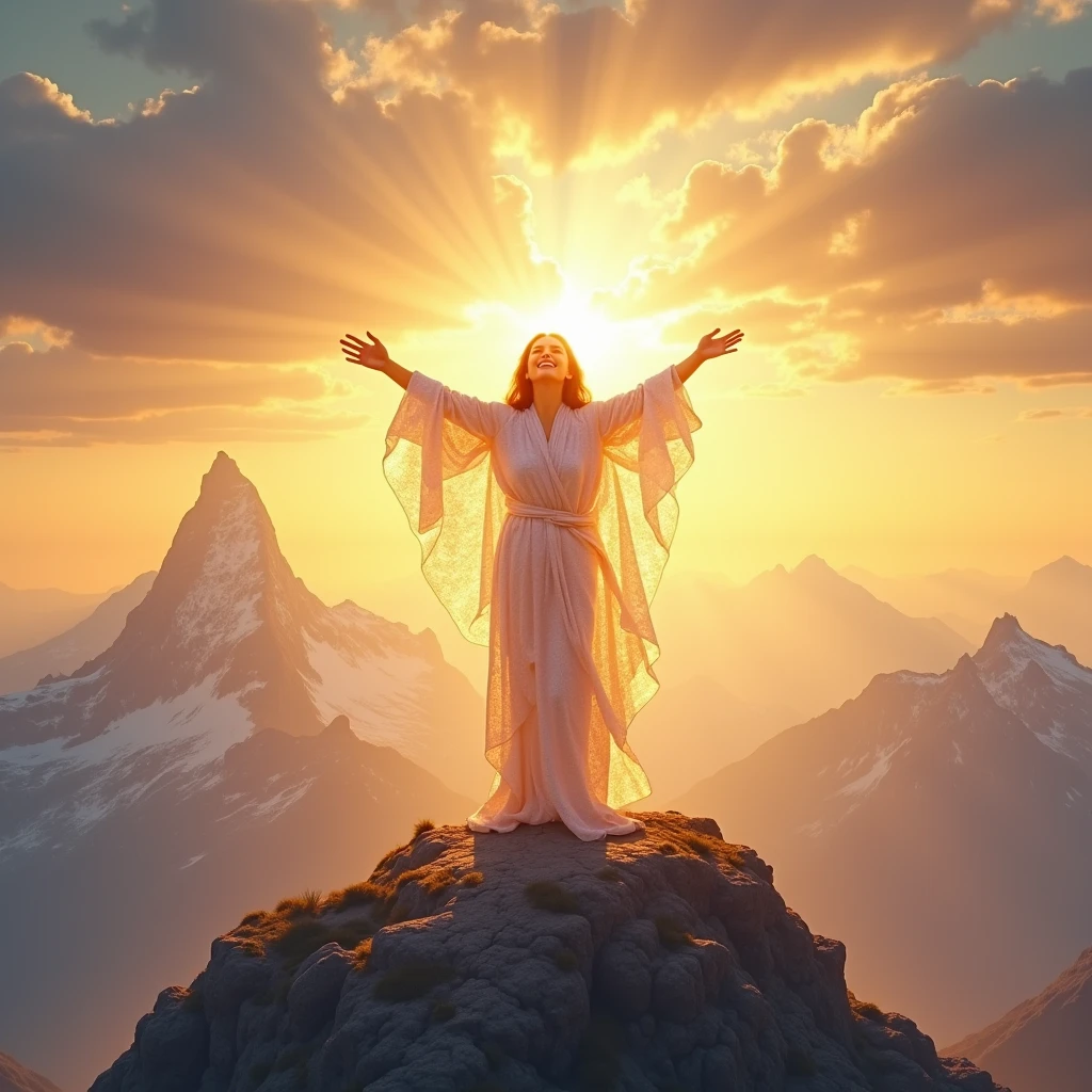 Depict a person standing on a mountaintop at sunrise, dressed in a dazzling robe that shimmers with divine light. They are gazing at the horizon with a joyful expression, their arms outstretched as if embracing the sky. The rising sun casts a warm glow, symbolizing the joy and salvation that fills their soul.