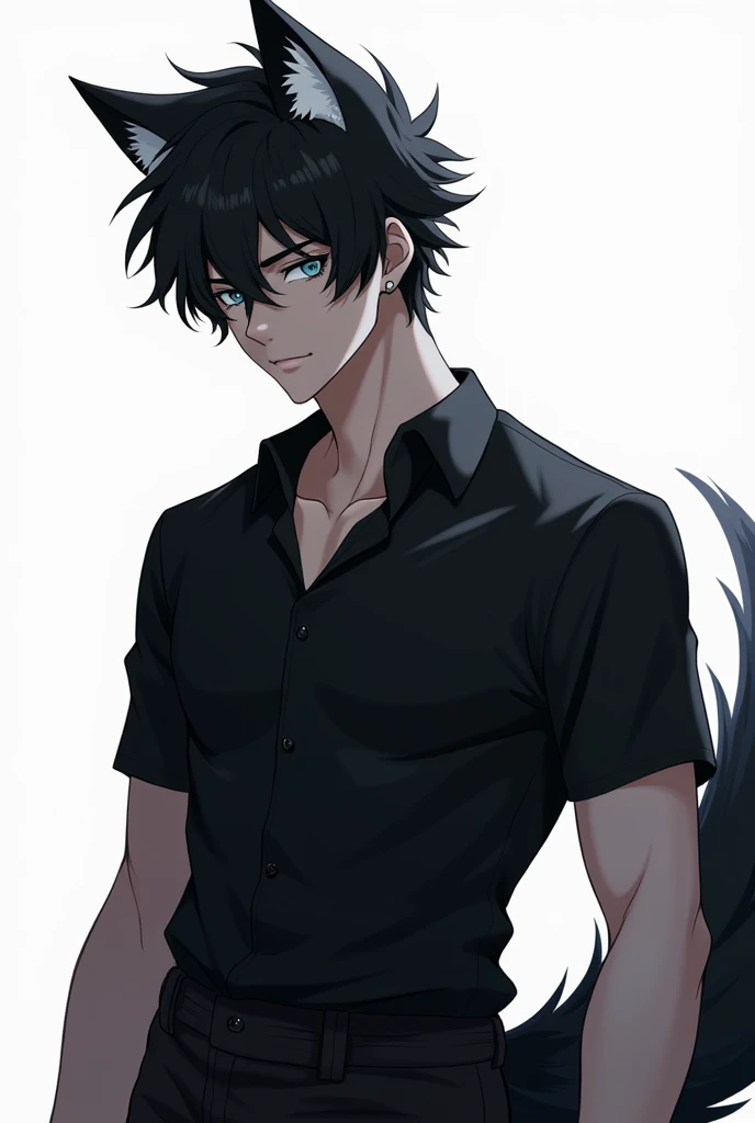 alone, good looking, masculine, wide jawline,1 male, steel dark blue eyes, Black shirt, White Thailand,black hair ,cool anime boy hair style,with wolf ears and tail,