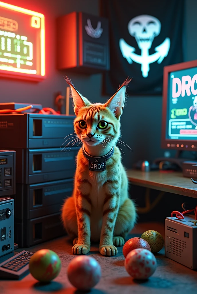 (very realistic male cat, serval cat, long hair at the tip of his ears, piercing yellow brown eyes), (((looks real))), sat among a lot of different sizes of plastic cat balls, in a room full of computers and computer parts, screens and keyboards, box of used keyboards, it is written " DROP " in pixel onto some screens ,  there's a pirate jolly roger with the anonymous "guy fawkes"'s mask instead of the skull on some other screens, there's a glowing neon on the wall that spells " D R O P " , cat has " DROP " written on a small golden plate attached to his collar, place looks cozy, there's a plastic anonymous mask among the plastic cat balls,