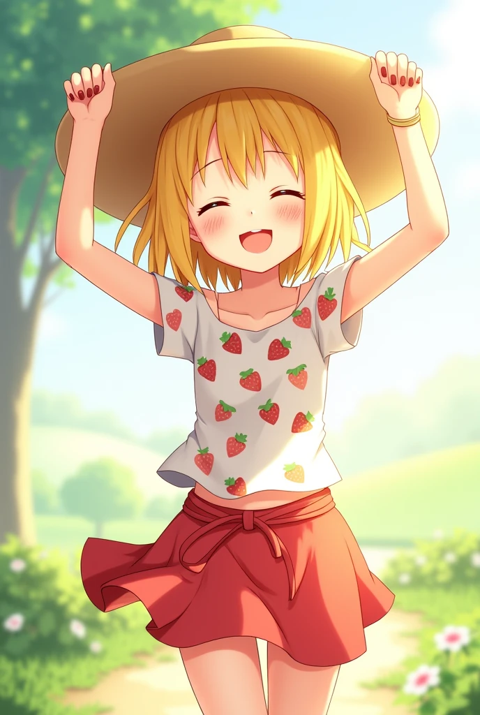 A girl with straight blonde hair, a straw hat, a smile with closed eyes and strawberry-type clothes and a skirt that only covers the sides and red shorts