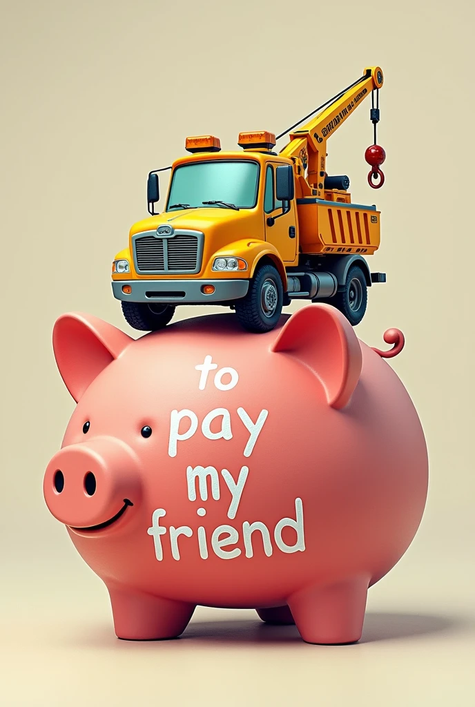 A large piggy bank with a painted on toldo track crane and that says "to pay my friend"