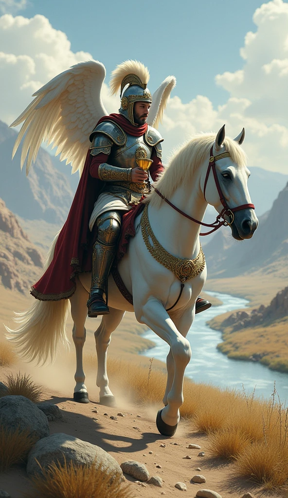 In the context of a barbaric Sumeria, land of sorcery and formidable warriors, The card shows a young knight mounted on a white horse. The knight holds a golden cup in his right hand, as if he were a messenger.
Horse: The white horse moves forward slowly, symbolizing a calm and confident movement. Unlike other knights that move quickly, this horse reflects calm and peace.
Clothing: The knight wears furs and some metal pieces that decorate his barbaric attire, symbolizing creativity and spiritual awareness. His helmet has wings, similar to those of Mercury (Hermes in Greek mythology), the messenger of the gods.
Background: The landscape is serene, with a flowing river and mountains in the distance, suggesting an emotional and spiritual journey. The image represents the Knight of cups from traditional tarot, but in the context of a land of Sumerian barbarians. It is important that it is hyper-realistic and meets the aesthetics of Sumerian barbarians.