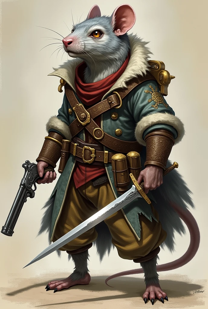 Un homme-rat au poil gris et blanc de pathfinder avec un pistoler a silex dans la main gauche et une épée courte dans la main droite habillier comme un corsaire et avec des grande alchimique a ça bandoulière