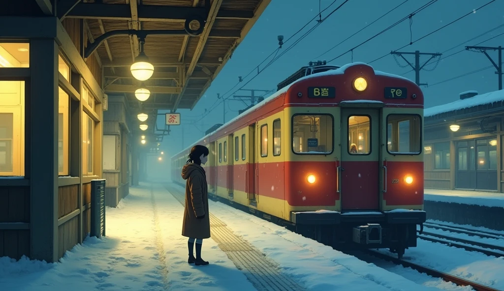 90s century station, 90s century train, 90 century girl, train at japanes station, snowy night, girl wear winter school uniform, waiting for train, yellow bulbs, fog, red an yellow train
