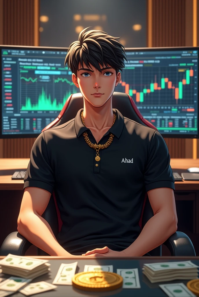 A sleek, well-lit room filled with an ambiance of professional sophistication. The lighting is soft and focused, casting a warm glow across the room.

In the center, a 20-year-old young anime man with face mask sits comfortably on a high-end chair. He’s dressed in a stylish black polo shirt with the name “AHAD” embroidered on the chest. He exudes confidence and composure.

Behind him, several high-resolution monitors display complex trading charts and graphs, their screens flickering with real-time data.

In front of him, a glass-topped table is cluttered with stacks of dollar bills and shiny gold coins, signifying wealth and success. Around his neck, he wears a distinctive Bitcoin chain, reflecting his involvement in cryptocurrency.

The scene conveys a sense of modern success and expertise, blending luxury with high-tech finance.

Feel free to adjust any details to better fit your vision!