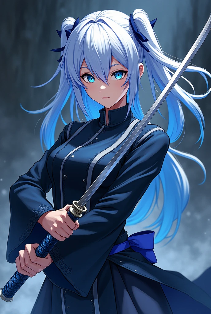 adult  woman, Demon Slayer style anime, katana with blue handle, white hair with blue tips, blue colored eyes, and demon hunter uniform from the anime demon slayer 