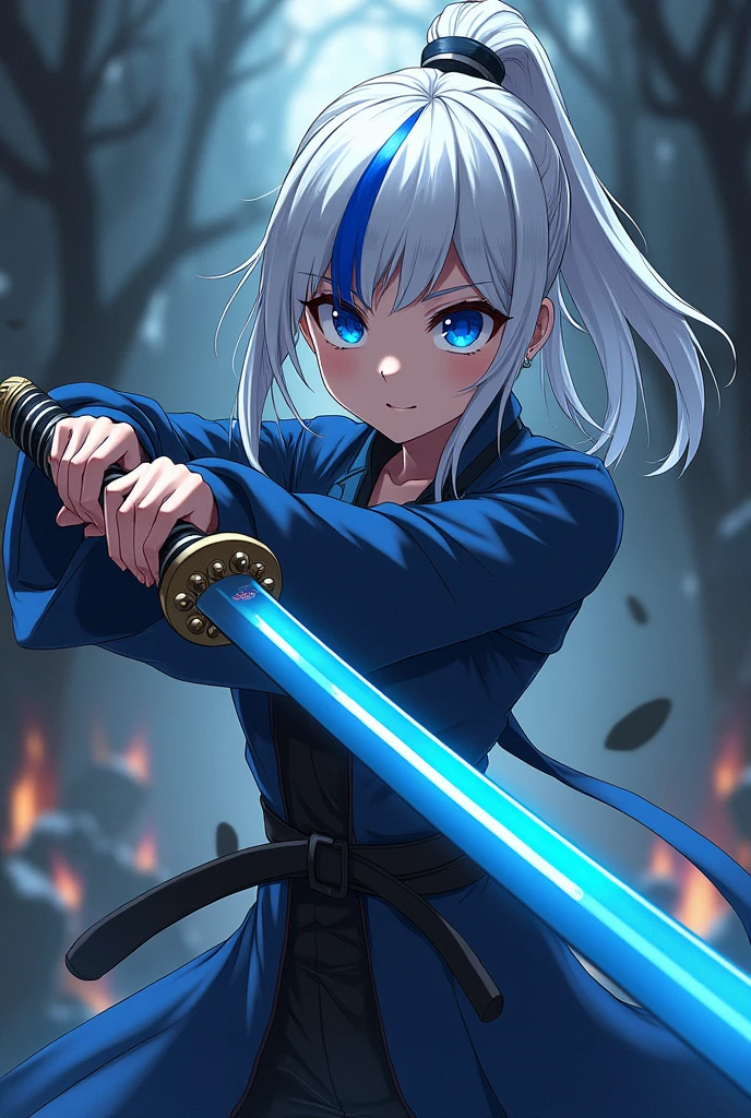 adult woman, Demon Slayer style anime, katana with blue handle, white hair with blue tips, blue colored eyes, and demon hunter uniform from the anime demon slayer