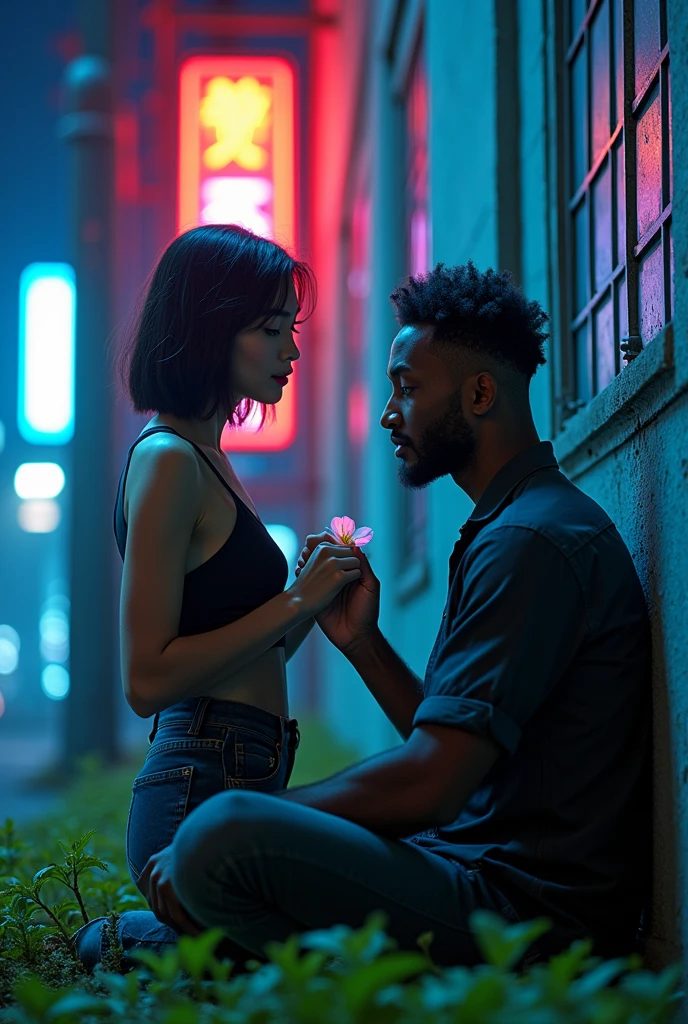 In a vibrant, neon-lit cityscape, a striking young woman of East Asian descent with a warm, golden-brown complexion stands before a rugged, industrial metal window set against a weathered concrete wall, as delicate moss sprouts from the ground beneath her feet. Her raven-black hair is styled in a sleek, chin-length bob, framing her heart-shaped face and accentuating her bright, expressive eyes, which sparkle with a hint of mischief as she gazes directly at the camera with a soft, enigmatic smile. A rim of iridescent light dancing across her cheekbone and the edge of her jawline adds an ethereal touch to her features. Nearby, a man of African descent with a strong, chiseled profile and a rich, dark skin tone, sporting a closely trimmed beard and a messy, textured Afro, is seated on the moss-covered ground, his eyes cast downward as he tenderly hands her a small, delicate flower, its petals a vibrant, electric blue that pops against the muted tones of the industrial backdrop. The scene is bathed in the soft, warm glow of natural light, tempered by the cool tones of the neon cityscape, with a shallow depth of field that blurs the background, drawing the viewer's eye to the intimate, emotional exchange between the two figures. The image is imbued with the visual style of Stanley Kubrick, with a meticulous attention to detail and a blend of high-contrast, HDR colors that evoke the gritty, urban landscapes of his films, shot through with a film grain that adds a tactile, organic texture to the scene, while the color grading is characterized by a bold, vibrant palette with deep blues and purples that evoke the city's neon lights, tempered by the warm, golden tones of the natural light, with a slight artifact of lens flare that adds a touch of realism to the image, as if captured on film.