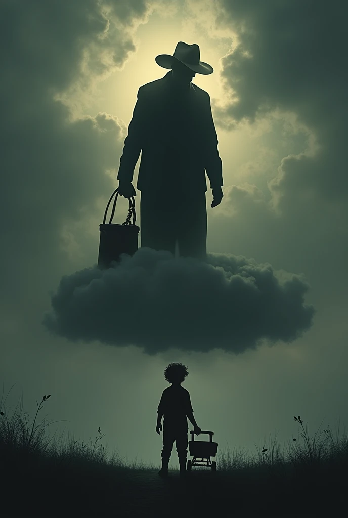 silhouette, 70 year old dad with cattleman hat,  on a cloud in the sky, looking down at his  son, curly hair, with a wooden cart in hand, boy watching his dad, Surreal dark fantasy