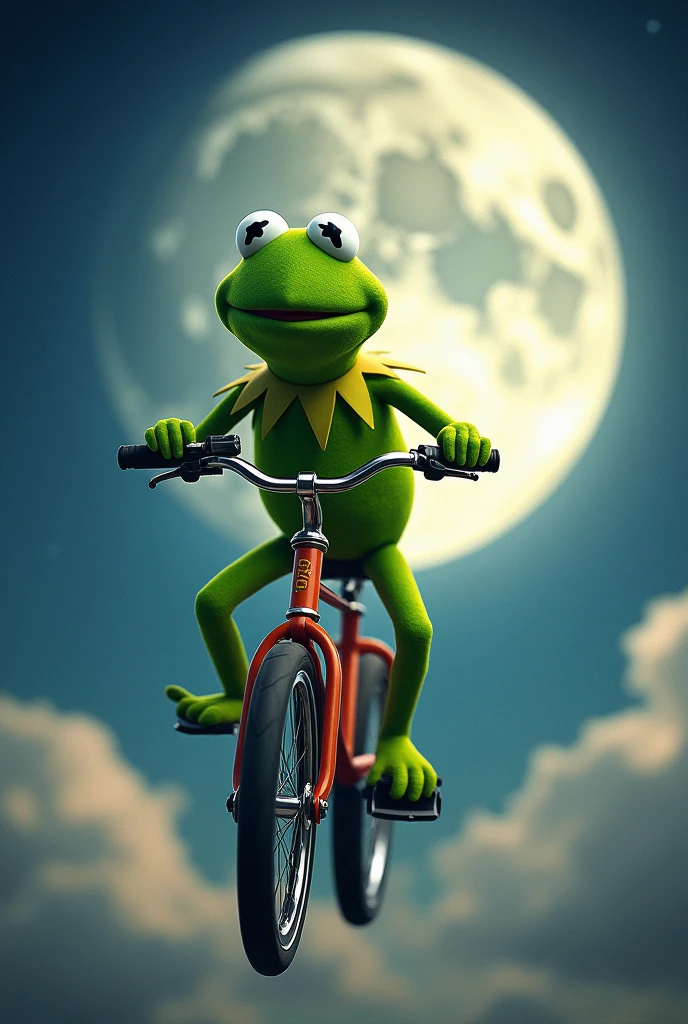 Kermit the Frog riding a bike, and flying in the air, with the full moon in the background, only 2 legs.
And a text, saying " flying frog"