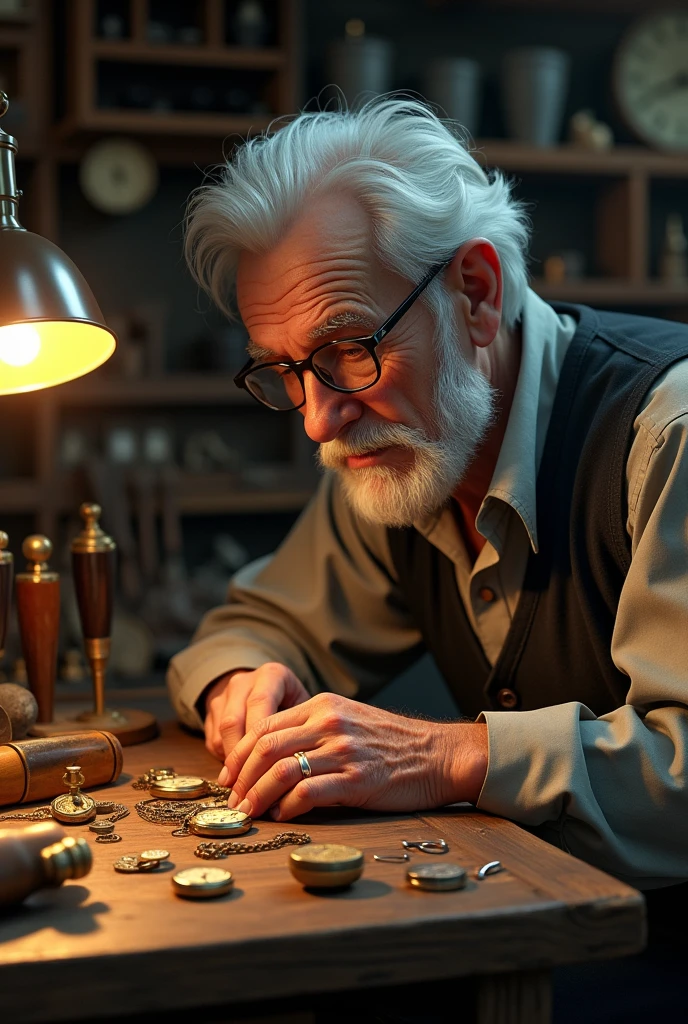 A cozy and old-fashioned atmosphere, with various watchmaking tools spread out on a worn wooden workbench. At the center, John, an elderly man with white hair and glasses, focuses on a gold pocket watch under the soft light of a lamp. hyper realism