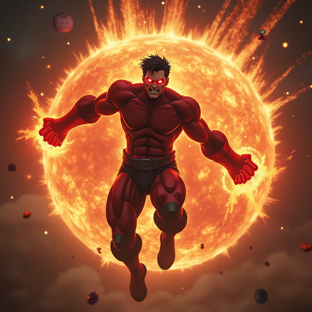 A tall, lean figure with short black hair and glowing red eyes, powered up with heat vision, is flying in the vastness of space. His eyes burn with intense red light, illuminating his stern, rage-filled face. He hovers menacingly in front of a massive, exploding planet in the background, the fiery explosion casting a dramatic glow around him. His right hand is clenched into a tight fist, symbolizing his fury and power. The universe around him is filled with distant stars and cosmic debris, but all attention is drawn to the destruction unfolding behind him and the raw, intense emotion on his face.