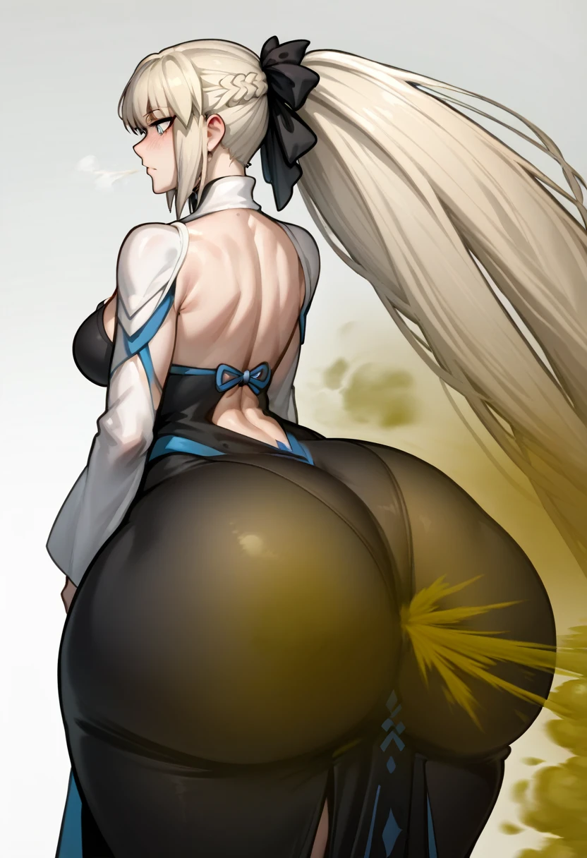 Highest quality, masterpiece, High Resolution, 1 girl, long hair, grey hair, blue eyes, very long hair, ponytail, black ribbon, hair ribbon, french braid, short dress, detached sleeves, cleavage, clothing cutout, detached collar, pelvic curtain, Ass, hyper Ass, huge Ass, big ass, wide hip, gigantic ass, fart, farting, yellow_smoke, yellow_gas, sprays, ass focus,