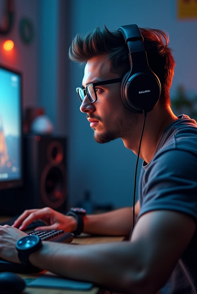  A gamer boy around 20 years playing online game on PC with headphones on wearing glasses and. A bit muscular 