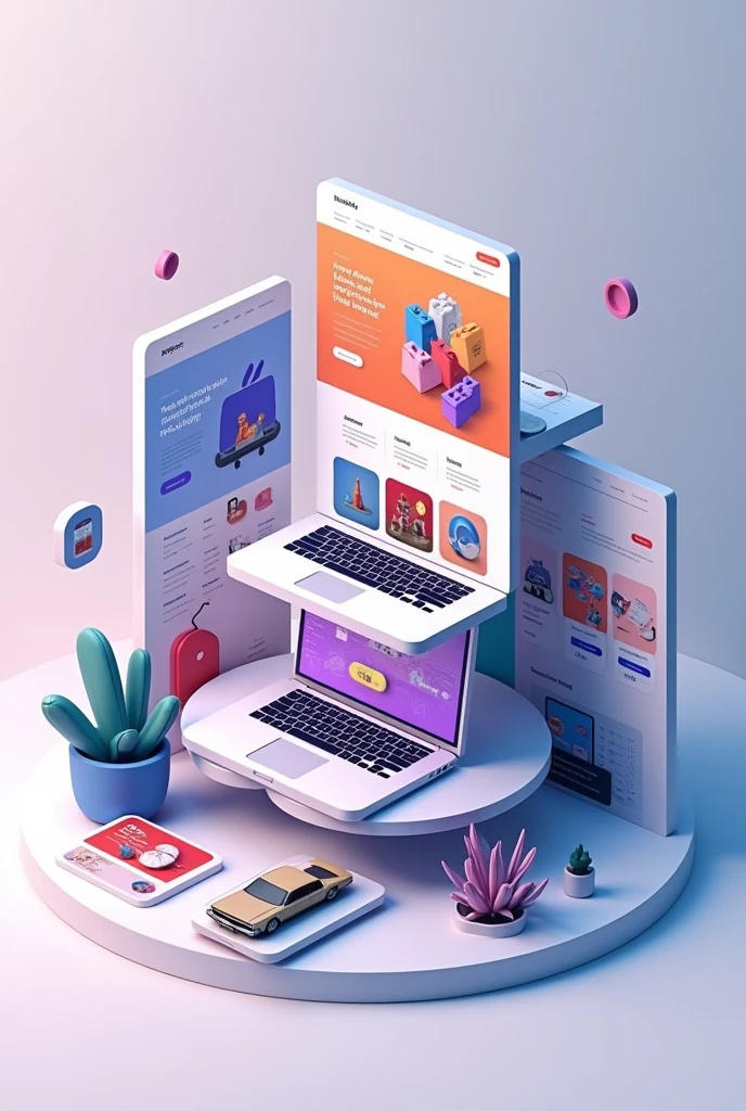 Modern and fluid web page designs in a single image, Some may be a clothing store, others a web portfolio, others a food store, others a car sales store., that they are displayed as if it were a list of 3D cards that are slightly overlapping but that allow you to appreciate the variety, that they are almost all together, that there is no fund or that the general fund is as minimal as possible, that there are no people or faces no faces, not even 3d as if it were real, las cards are 3d, avoid the background of the general image, includes responsive views