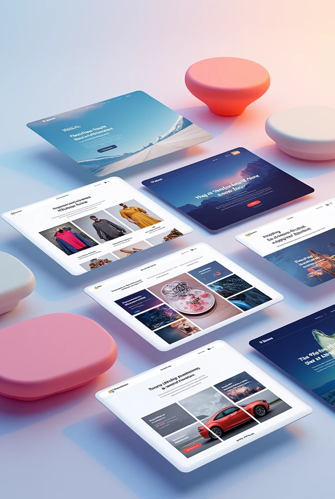 Modern and fluid web page designs in a single image, Some may be a clothing store, others a web portfolio, others a food store, others a car sales store., that they are displayed as if it were a list of 3D cards that are slightly overlapping but that allow you to appreciate the variety, that they are almost all together, that there is no fund or that the general fund is as minimal as possible, that there are no people or faces no faces, not even 3d as if it were real, las cards are 3d, avoid the background of the general image, includes responsive views