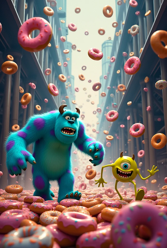  Monsters Inc escaping from a rain of mini donuts
