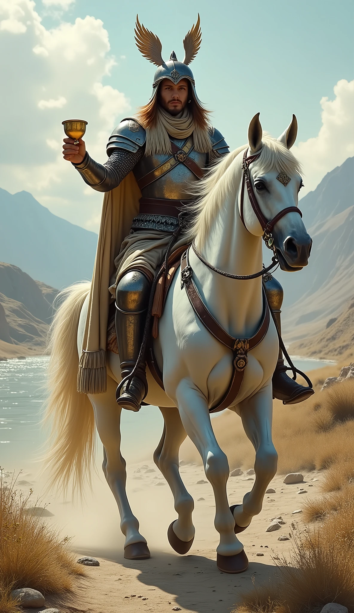 In the context of a barbaric Sumeria, land of sorcery and formidable warriors, The card shows a young knight mounted on a white horse. The knight holds a golden cup in his right hand, as if he were a messenger.
Horse: The white horse moves forward slowly, symbolizing a calm and confident movement. Unlike other knights that move quickly, this horse reflects calm and peace.
Clothing: The knight wears furs and some metal pieces that decorate his barbaric attire, symbolizing creativity and spiritual awareness. His helmet has wings, similar to those of Mercury (Hermes in Greek mythology), the messenger of the gods.
Background: The landscape is serene, with a flowing river and mountains in the distance, suggesting an emotional and spiritual journey. The image represents the Knight of cups from traditional tarot, but in the context of a land of Sumerian barbarians. It is important that it is hyper-realistic and meets the aesthetics of Sumerian barbarians.