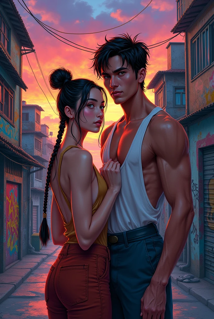 Detailed Description for Book Cover:**
**Elementos visuais:**
fund:The cover must have a vibrant background that evokes the atmosphere of the Rio de Janeiro favela, with a mix of colorful graffiti and urban landscapes at dusk. This represents the dynamic and multifaceted setting of the story..
main character:In the center of the cover, featured Korean Jin-Soo with slanted eyes, with her hair long and tied in a bun or braids, wearing a modern and stylish outfit that matches the aesthetics of funk dance. He must have a confident and resilient expression, reflecting on your journey of overcoming.
Minor character: Next to Jin-Soo, insert John, with his imposing and muscular style, wearing typical favela clothes and an expression that mixes charm and intensity. His presence should convey the power and complexity of the relationship with Jin-Soo..