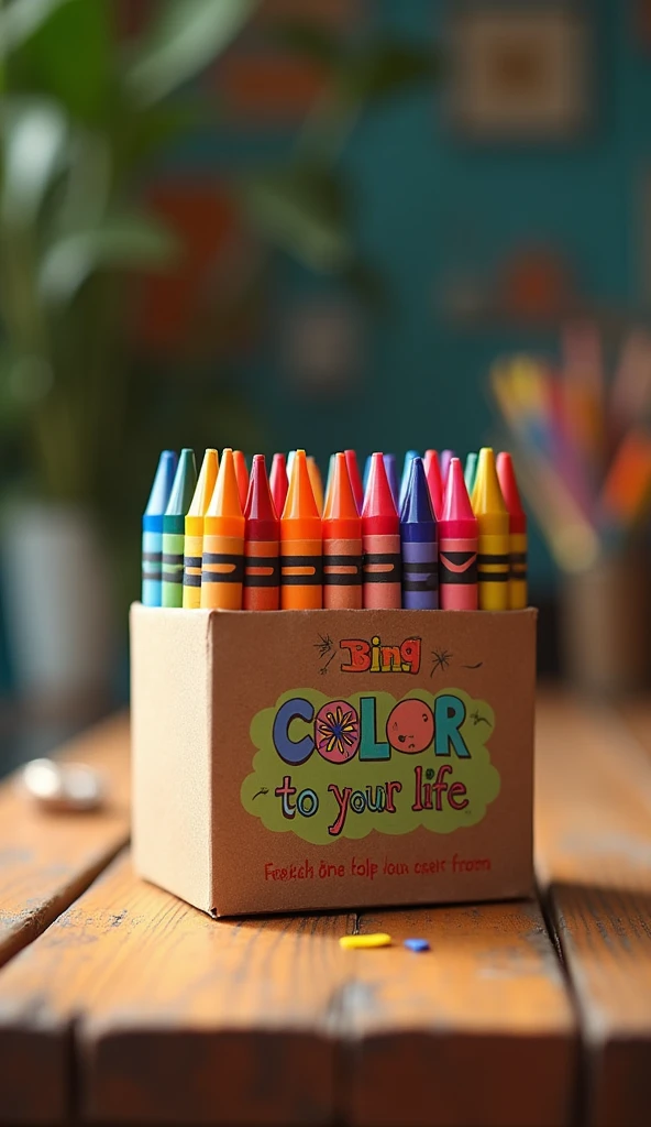 On a box of crayons it says "These crayons have the power to bring color to your life." on a wooden table. 
