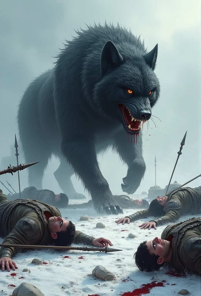 warriors with spears dead on the ground, scattered in the middle of the snow, defeated by a half-wolf half-hyena beast, bloody scene